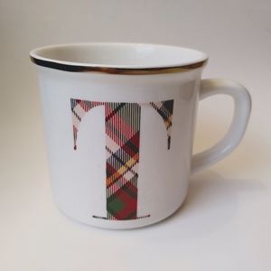 POTTERY BARN "T" Plaid Gold-Rimmed Coffee Mug
